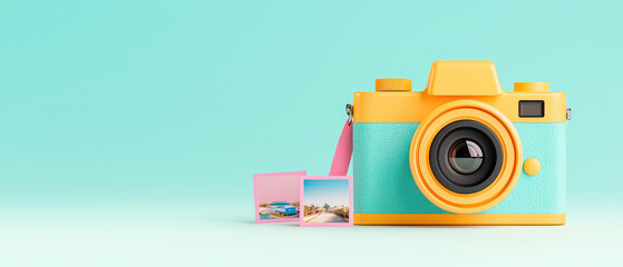 Obraz premium vibrant camera with colorful accents, accompanied by photos, evokes nostalgia and creativity