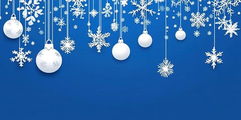 Stylish Christmas background with hanging snowflakes and ornaments on a blue background. 