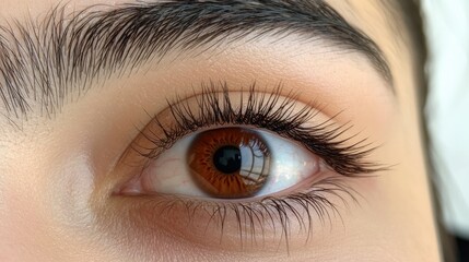 Fototapeta premium Close-up of a brown eye with thick and curled eyelash extensions, framed by perfectly shaped brows.