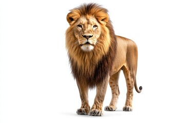 Obraz premium A proud adult lion standing tall with a flowing stylized mane, detailed fur, and a confident cartoonish look on a bright white background