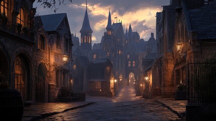 Obraz premium Enchanted Medieval Town at Dusk: A Digital Painting of a Mystical Street