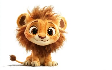 Obraz premium A cute cartoon lion sitting with a playful pose, large eyes, and a fluffy, stylized mane on a bright white background