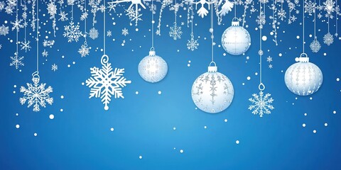 Stylish Christmas background with hanging snowflakes and ornaments on a blue background. 