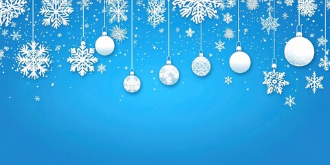 Stylish Christmas background with hanging snowflakes and ornaments on a blue background. 