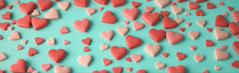 Obraz premium Scattered conversation hearts on turquoise background, close-up view, celebration,sweetness,still life