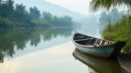 Obraz premium Tranquil River Scene With A Weathered Wooden Boat