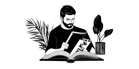 A collector flipping through an album of thematic stamps during a meeting, Vector Graphic