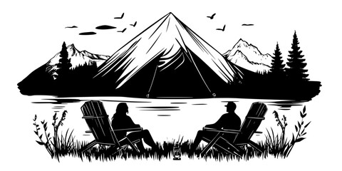 Couple sitting on chairs outside a furnished tent in a scenic location, Vector Graphic