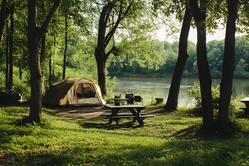 Peaceful camping setup by the river surrounded by tall trees in the morning light