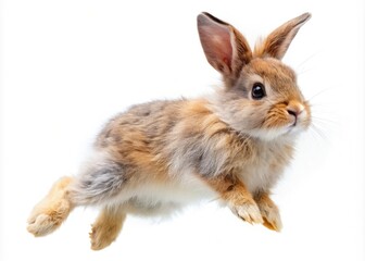 Fototapeta premium A charming, high-resolution photo of a white bunny rabbit in mid-leap, isolated on white, ideal for spring themes.
