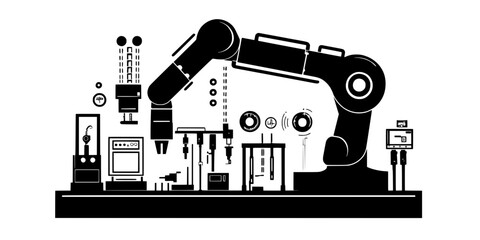 A heavy-duty industrial robot being designed for complex machining processes, Vector Graphic