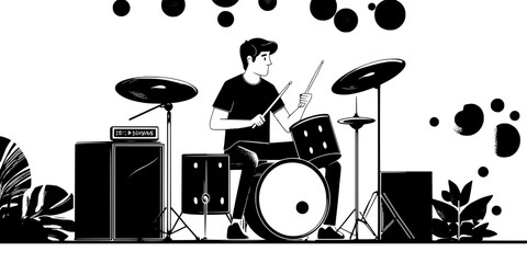 Musician practicing drumming techniques in a soundproof room, Vector Graphic