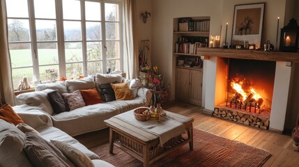 Cozy Living Room With Fireplace And Countryside View