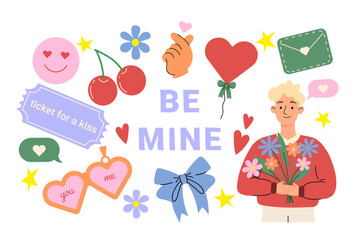 Valentine's Day love stickers set: hearts, gifts, flowers, and romantic symbols.Vector shapes set.