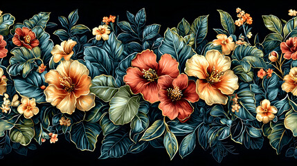 Vibrant Floral Border: Dark Leaf Design