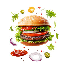 A delicious burger with lettuce ingredients on a transparent background.