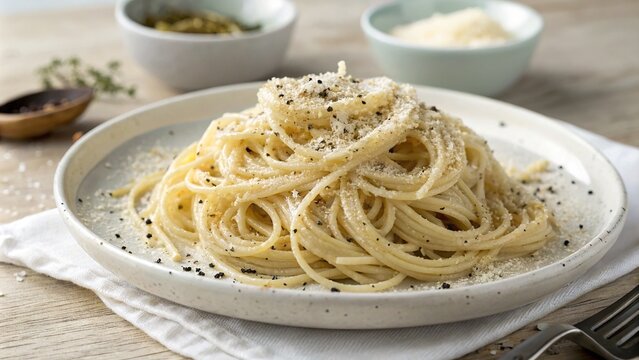 A simple yet elegant plate of Spaghetti Cacio e Pepe, featuring al dente pasta coated in Pecorino Romano cheese and cracked black pepper, served on a white plate in soft, natural lighting.
