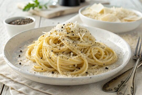 A simple yet elegant plate of Spaghetti Cacio e Pepe, featuring al dente pasta coated in Pecorino Romano cheese and cracked black pepper, served on a white plate in soft, natural lighting.