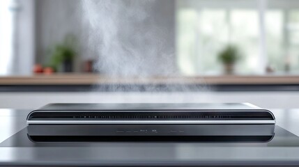 Close-up of a sleek electric hood exhaust with steam rising from the stove beneath, set in a stylish home kitchen.