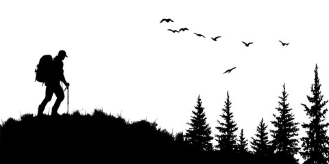 Obraz premium A solo thru-hiker trekking along a remote trail with no clear endpoint visible, Vector Graphic