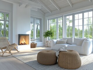 Fototapeta premium Bright Living Room with Fireplace and Large Windows