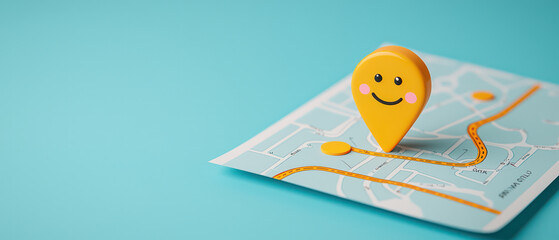 cheerful map pin on colorful map, symbolizing adventure and exploration