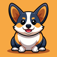 Fototapeta premium Cute chubby cartoon corgi dog character black, red and white coloured sitting straight on orange background