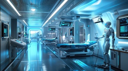 Futuristic Hospital Corridor With Robot And Patient Beds