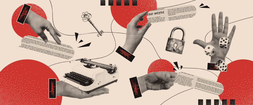 Retro banner in vintage style with hands, speech bubbles, newspaper, typewriter and dice in the form of a collage in halftones. Advertising elements for the design. Vector.
