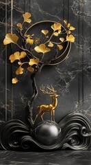 3D wallpaper with a black background, featuring a golden deer and ginkgo leaves on top of a sphere