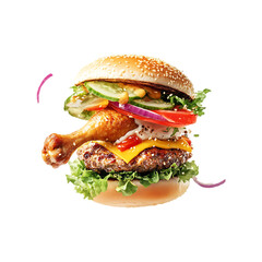 A delicious burger with lettuce ingredients on a transparent background.