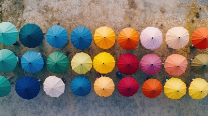 Colorful umbrellas create a vibrant mosaic on the sandy beach during a sunny afternoon gathering