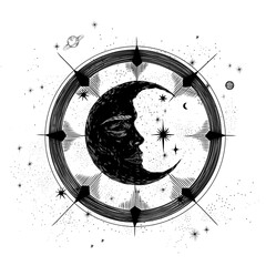 Vector illustration set of moon phases. Different stages of moonlight activity in vintage engraving style. Zodiac Signs	