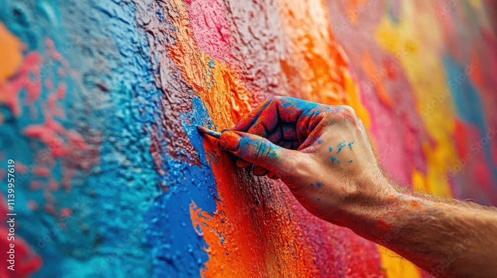 Poster vibrant hand creating colorful patterns on a textured wall in an urban artistic space