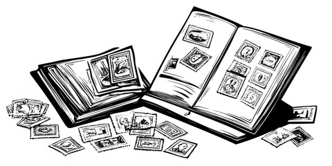 An assortment of postage stamps lying next to an open album in a private room, Vector Graphic