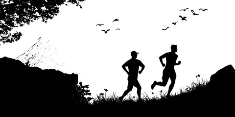 Athletes stretching before starting a long trail running course, Vector Graphic