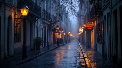 Misty Night Street Scene With Glowing Lamps