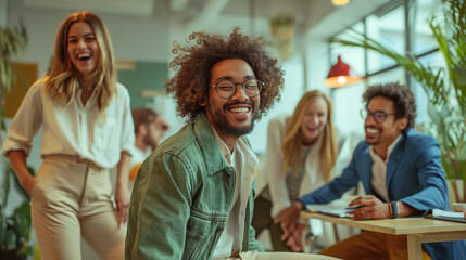 Obraz premium Group of diverse coworkers laughing and discussing in an office lounge.