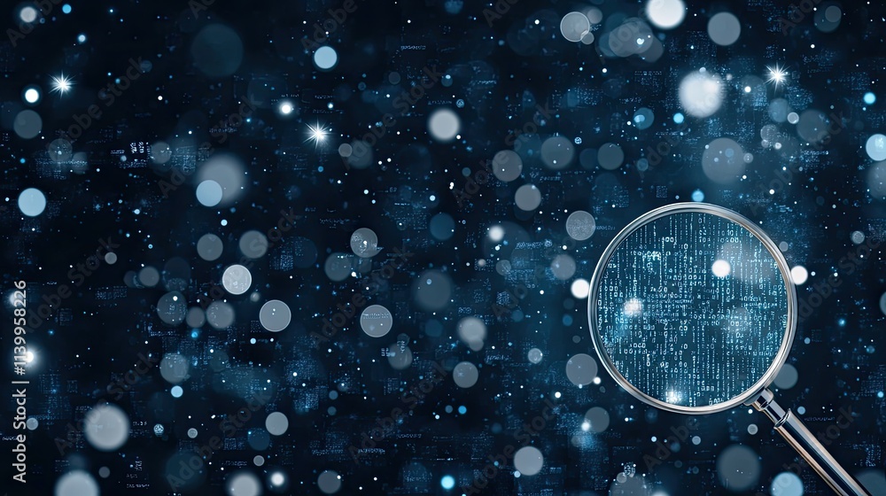 Poster a magnifying glass focuses on blue binary code, creatively representing data analysis and search eng