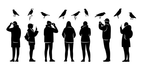 Enthusiasts attending birdwatching festivals focused on tracking rare bird sightings, Vector Graphic