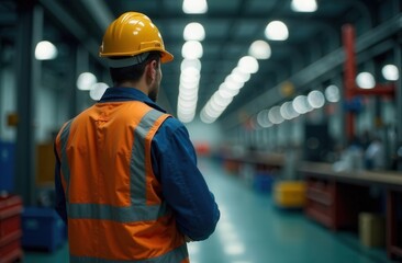 workers stand with their backs in a yellow helmet and protective work clothes at the factory, on the right there is a place for text