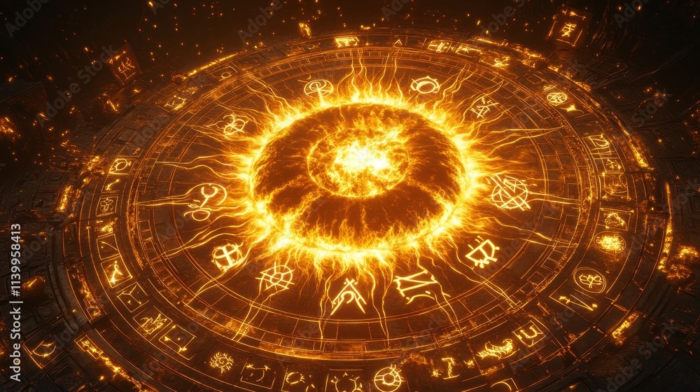 Poster celestial energy radiates from a stunning fiery symbol in a mystical cosmic setting filled with anci