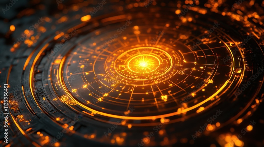 Poster engaging cosmic patterns illuminate a mysterious celestial design with vibrant golden energy in a da