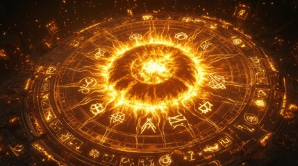 Celestial energy radiates from a stunning fiery symbol in a mystical cosmic setting filled with ancient runes
