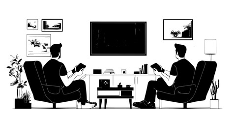 Gamers discussing strategies while exploring a vast game world and developing characters, Vector Graphic