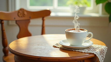 Aromatic steam rises from a warm beverage in a white cup, resting on a rustic wooden table beside a wooden chair, bathed in sunlight streaming through a window.