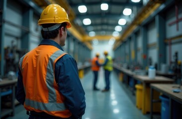 workers in hard hats and work clothes in the warehouse
