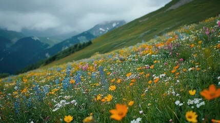 Fototapeta premium Mountain Wildflower Meadow Landscape Under Cloudy Skies