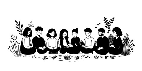 Groups of people sitting quietly together in a peaceful garden setting, Vector Graphic
