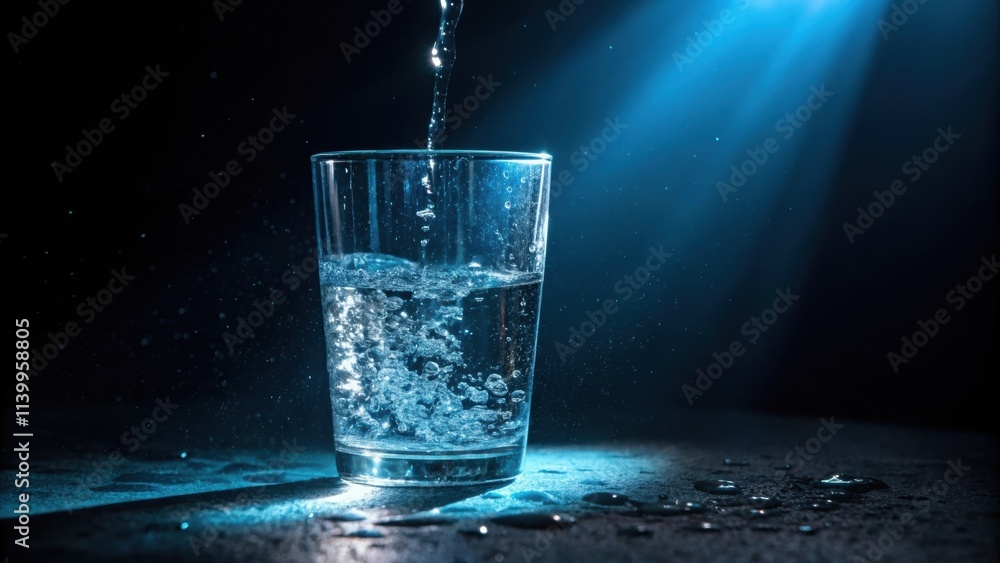 Poster refreshing stream of water dynamically cascading into a glass, illuminated by a striking beam of lig